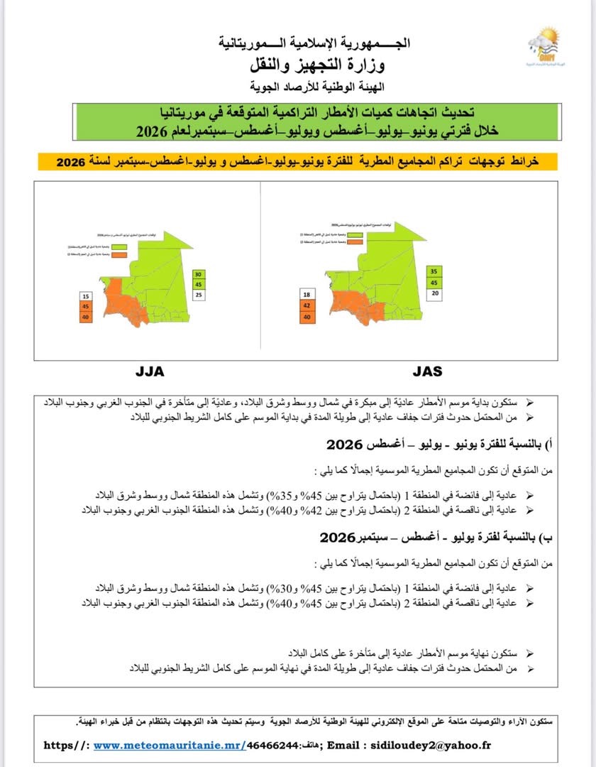 الأرصاد الجوية: موسم أمطار 2026 قد يبدأ مبكرا في شمال وشرق موريتانيا